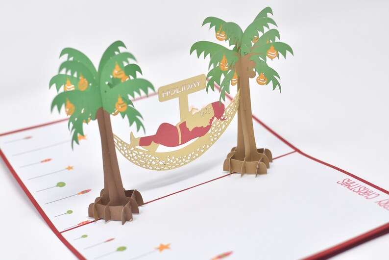 Santa on Vacation 3D pop-up card by PopJoy Cards - detail of tropical pop-up scene