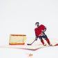 Pop-up card shows ice hockey player in red and blue about to shoot into the goalie net