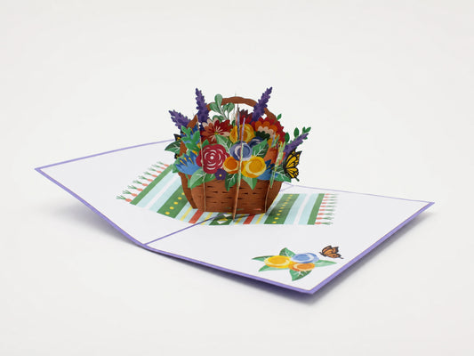 Basket of Flowers 3D pop-up card by PopJoy Cards - open view, studio shot