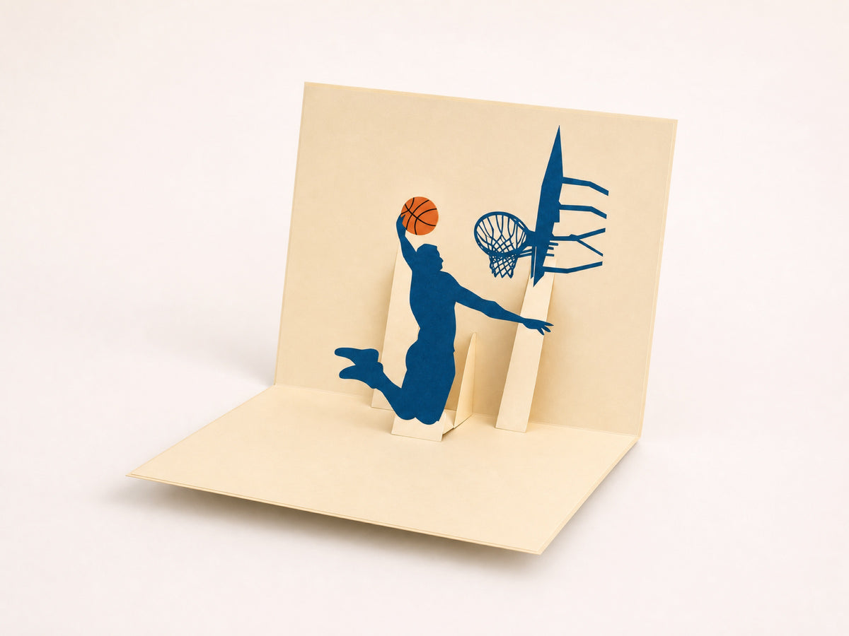 Basketball 3D pop-up card by PopJoy Cards - open view, studio shot
