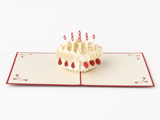Birthday Cake 3D pop-up card by PopJoy Cards - open view, studio shot