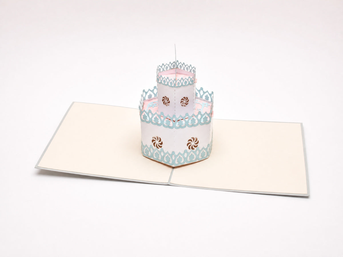 Birthday Cake pop-up card (grey) by PopJoy Cards - open view, studio shot