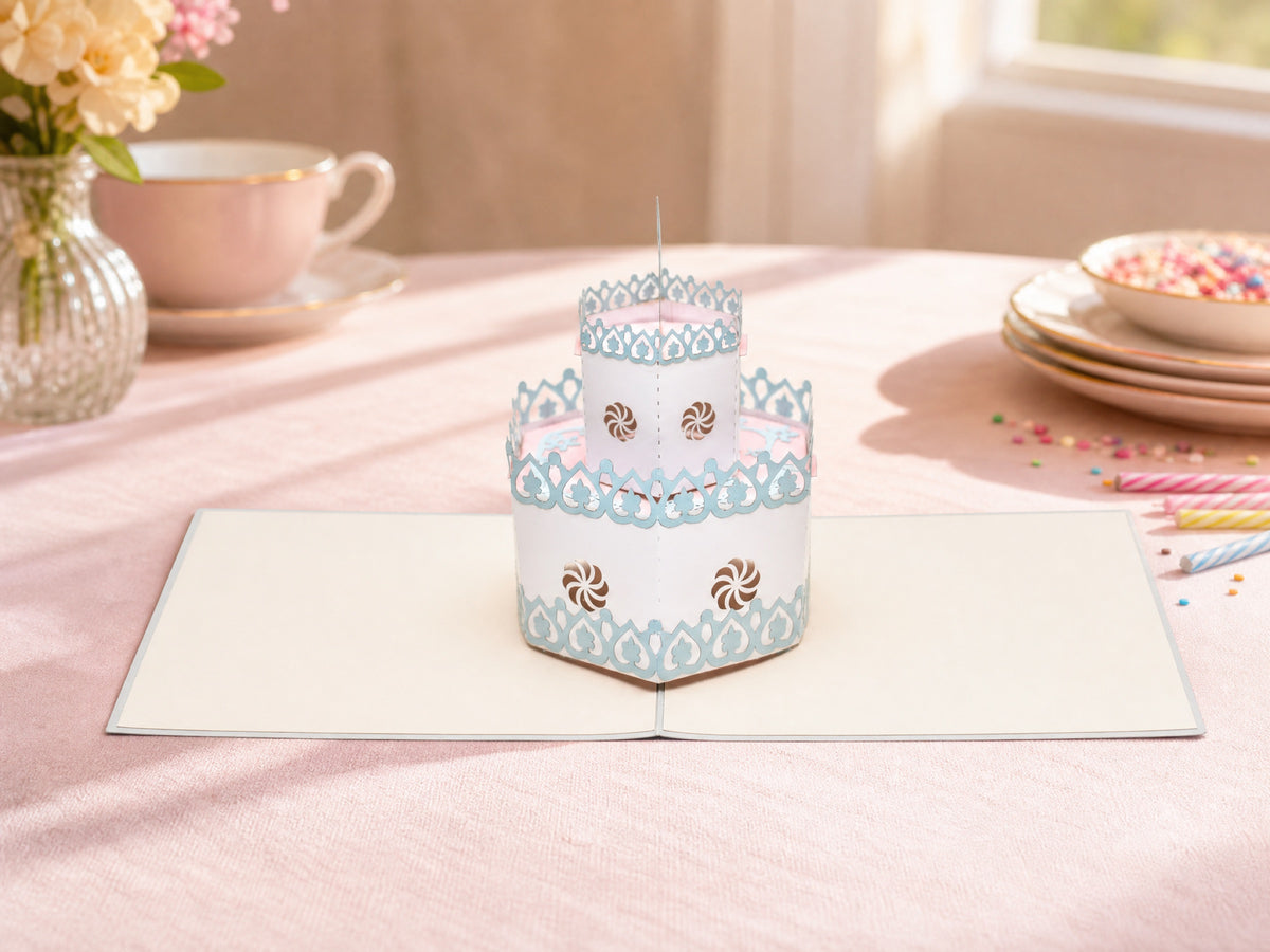 Birthday Cake pop-up card (grey) by PopJoy Cards - lifestyle scene