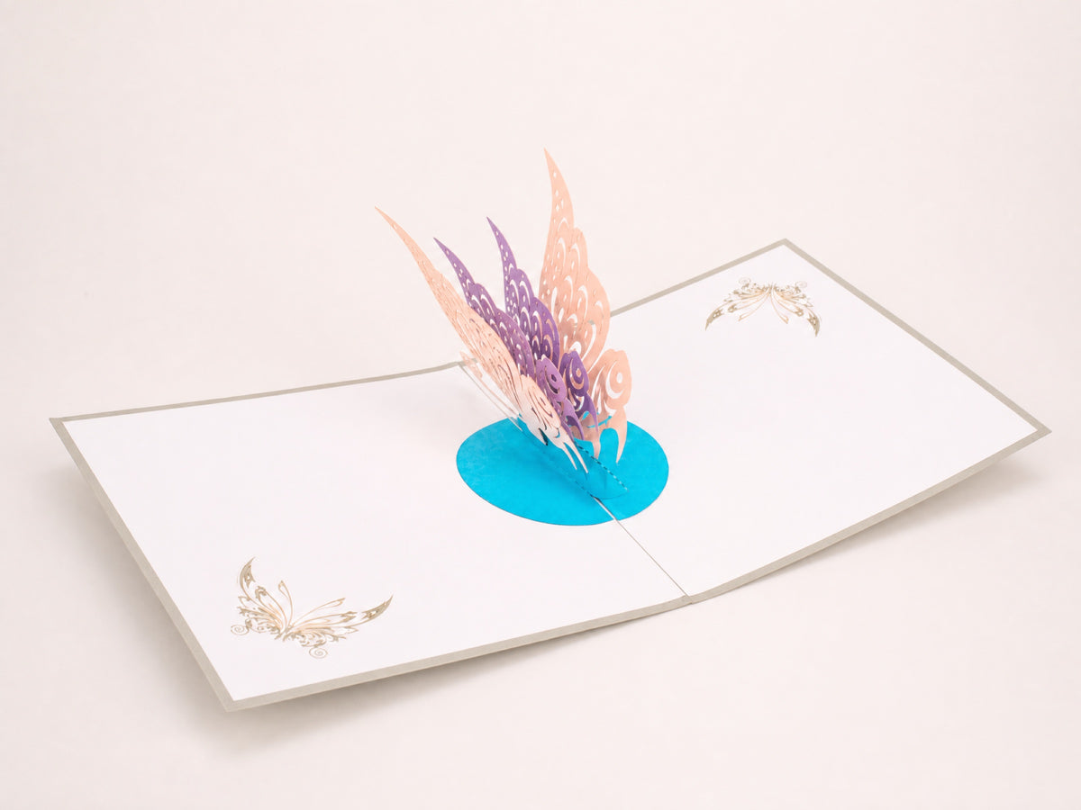 Butterfly 3D pop-up card by PopJoy Cards - open view, studio shot