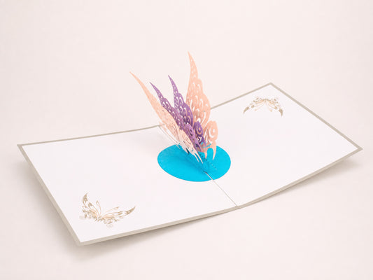 Butterfly 3D pop-up card by PopJoy Cards - open view, studio shot