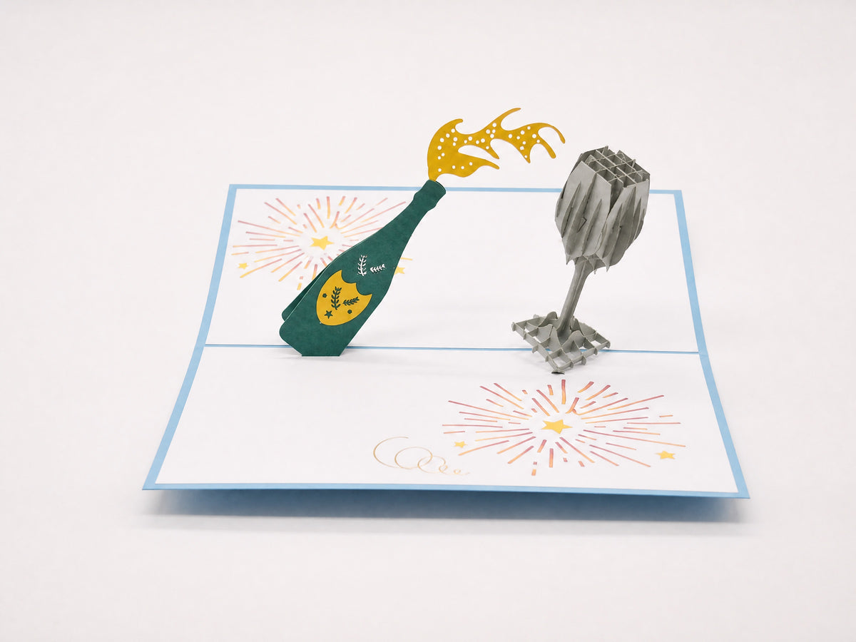 Celebration Champagne 3D pop-up card by PopJoy Cards - open view, studio shot