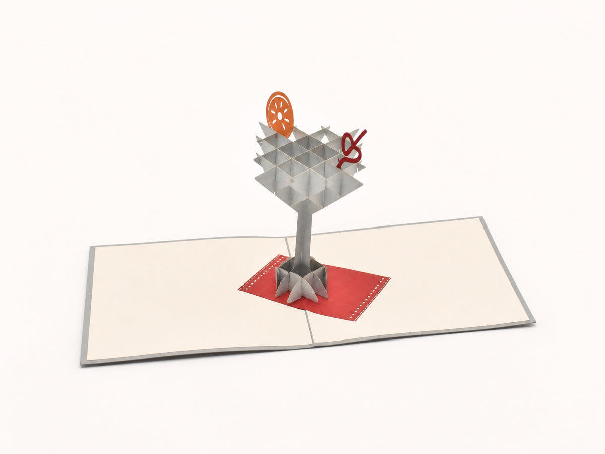 Celebration Martini 3D pop-up card by PopJoy Cards - open view, studio shot
