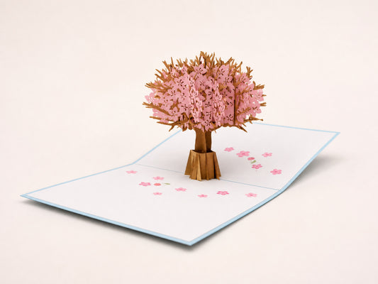 Cherry Blossom 3D pop-up card by PopJoy Cards - open view, studio shot