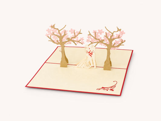 Cherry Blossom Wedding 3D pop-up card by PopJoy Cards - open view, studio shot