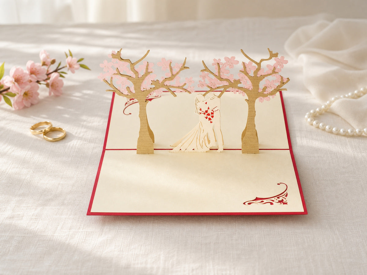 Cherry Blossom Wedding 3D pop-up card by PopJoy Cards - lifestyle scene