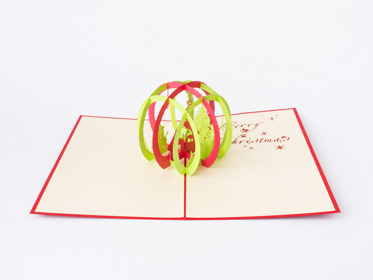Christmas Ball 3D pop-up card by PopJoy Cards - open view, studio shot