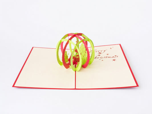 Christmas Ball 3D pop-up card by PopJoy Cards - open view, studio shot