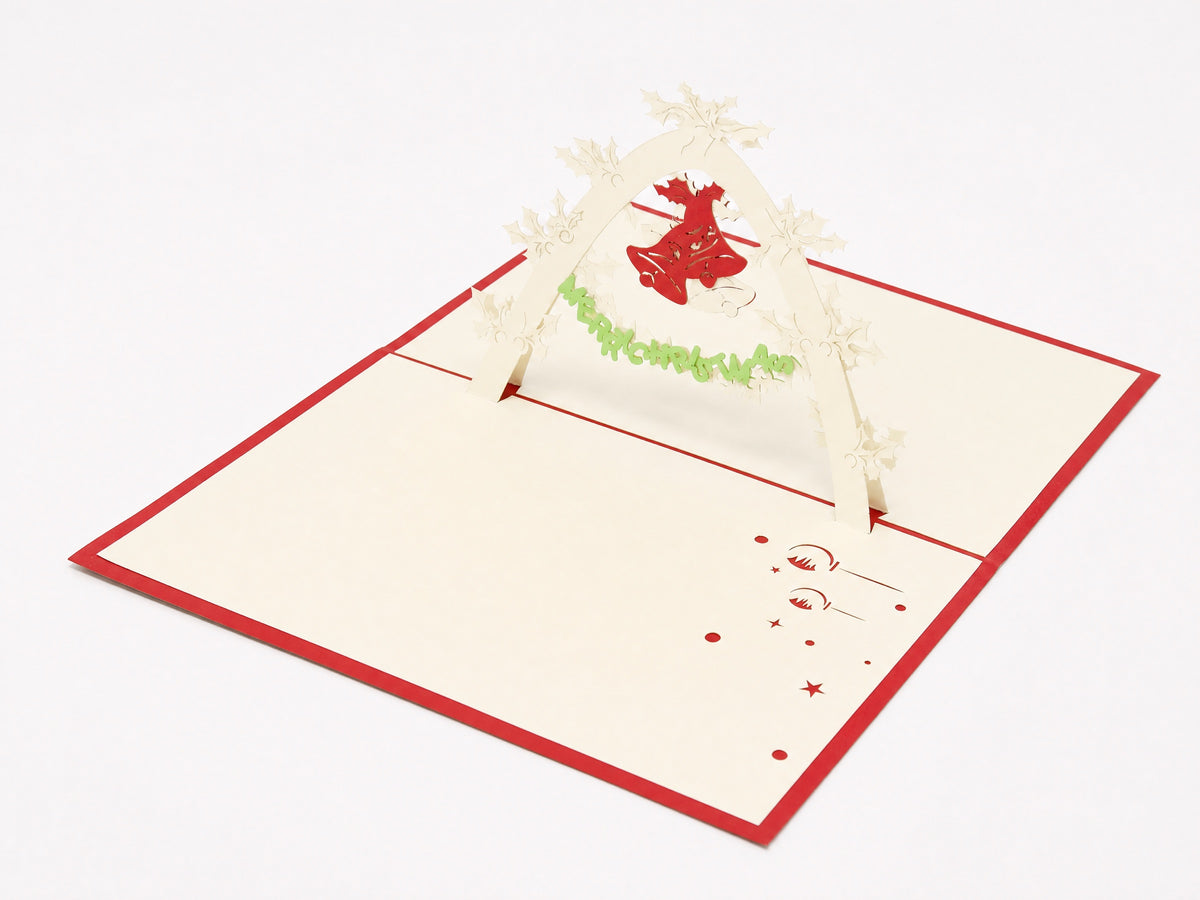 Christmas Bells 3D pop-up card by PopJoy Cards - open view, studio shot