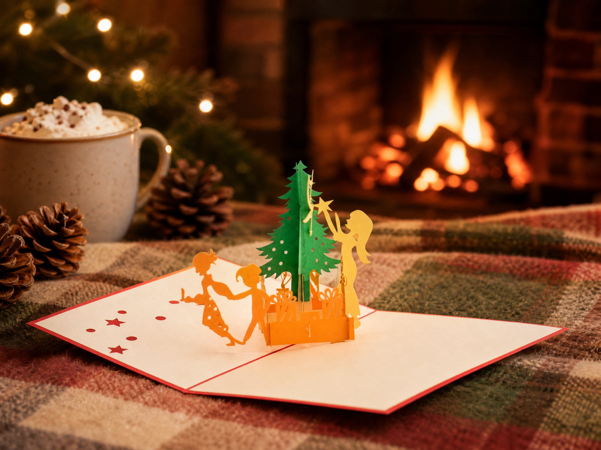 Christmas Tree Decorating 3D pop-up card by PopJoy Cards - lifestyle scene