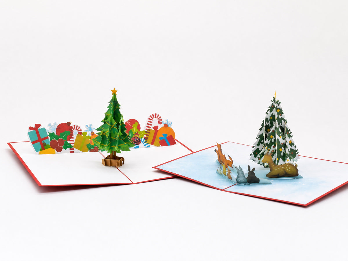 Christmas Tree pop-up card pack of 2 by PopJoy Cards - open view, studio shot