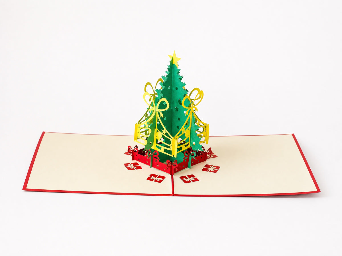 Colourful Christmas Tree 3D pop-up card by PopJoy Cards - open view, studio shot