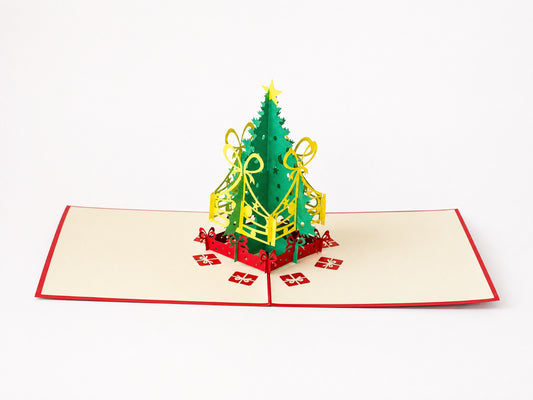 Colourful Christmas Tree 3D pop-up card by PopJoy Cards - open view, studio shot