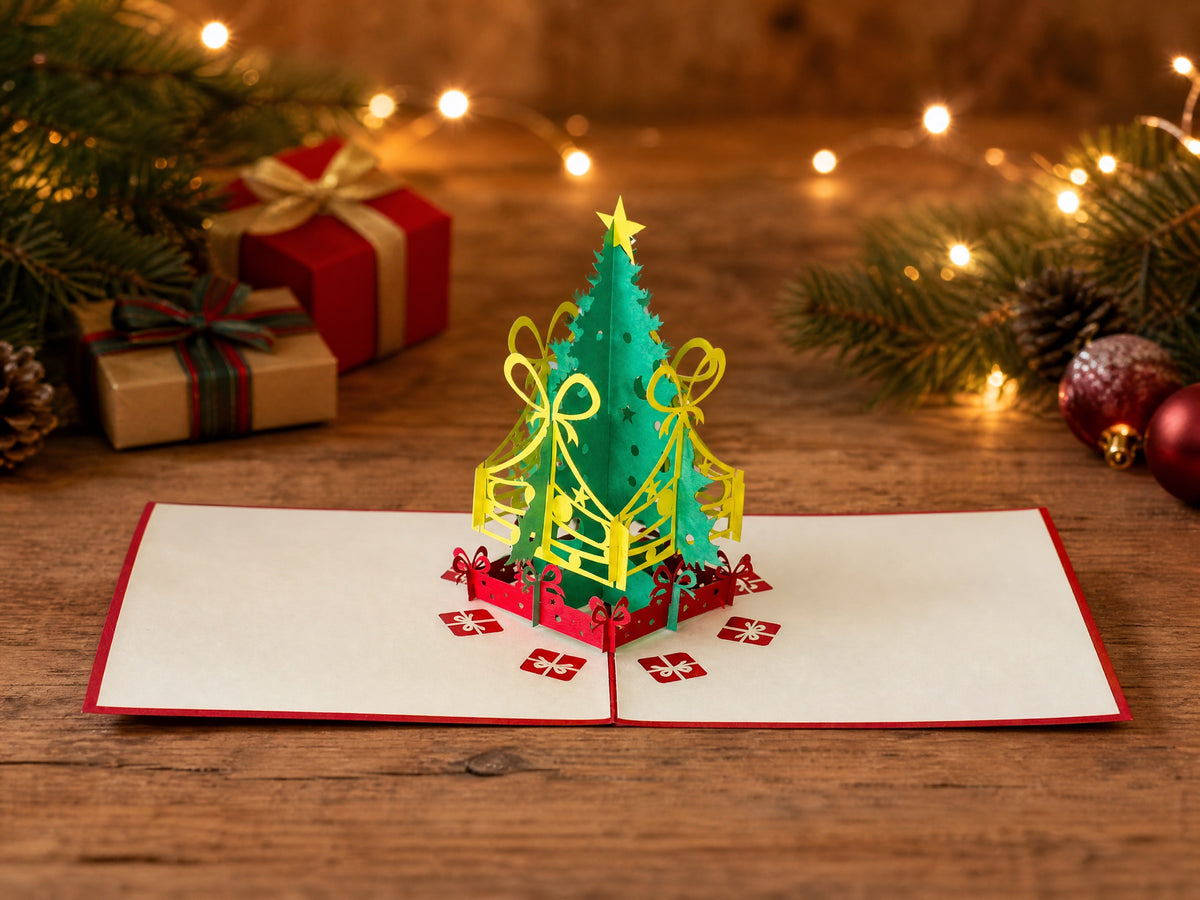 Colourful Christmas Tree 3D pop-up card by PopJoy Cards - lifestyle scene