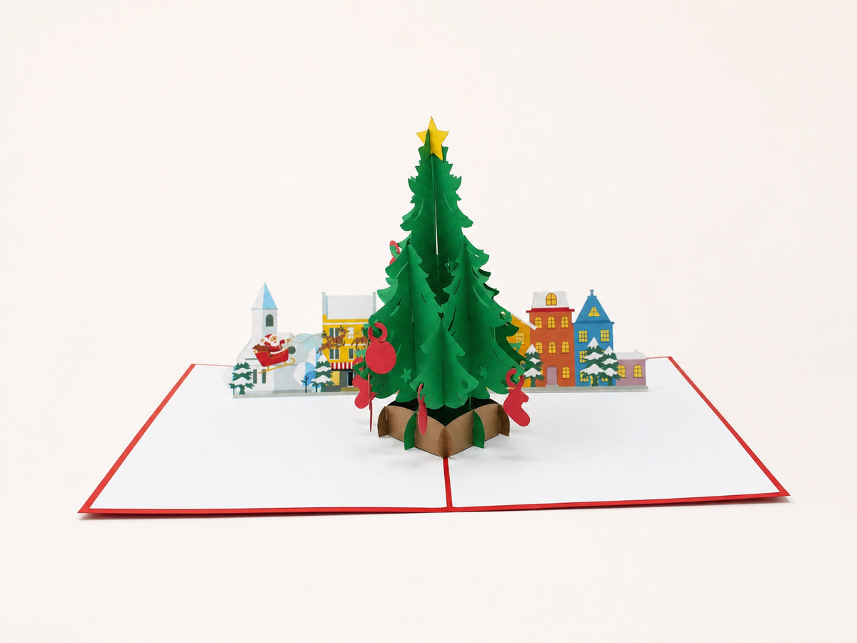 Christmas Tree 3D pop-up card by PopJoy Cards - open view, studio shot