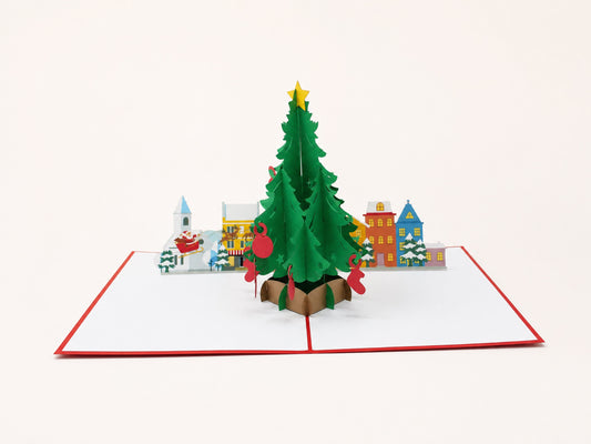 Christmas Tree 3D pop-up card by PopJoy Cards - open view, studio shot