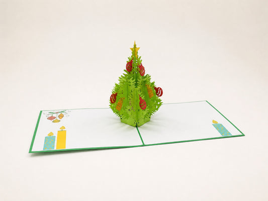 Christmas Tree with Ornaments 3D pop-up card by PopJoy Cards - open view, studio shot