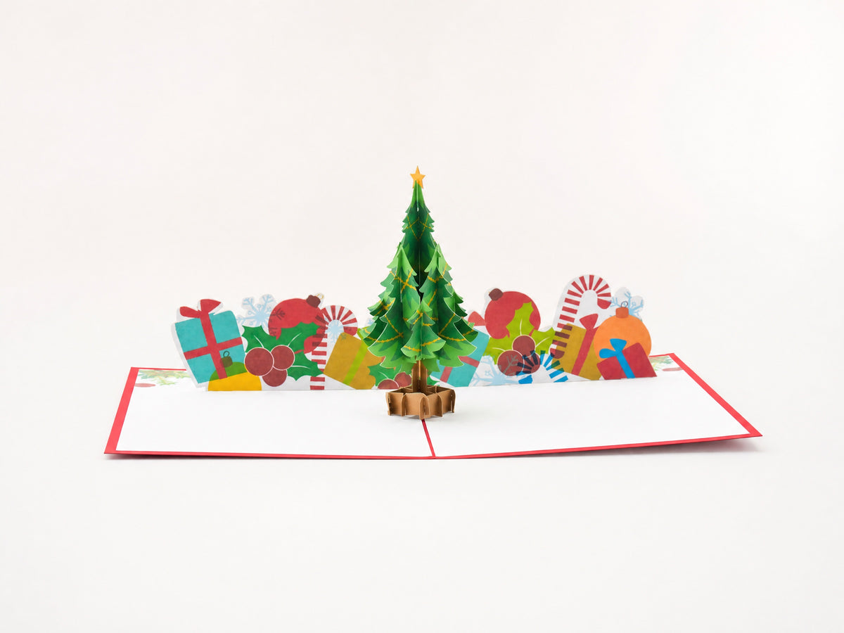 Christmas Tree with Gifts 3D pop-up card by PopJoy Cards - open view, studio shot