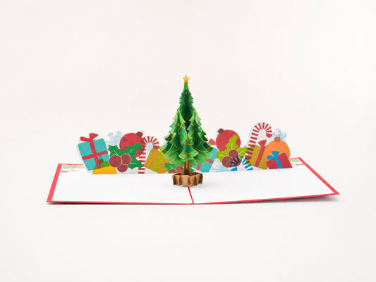 Christmas Tree with Gifts 3D pop-up card by PopJoy Cards - open view, studio shot