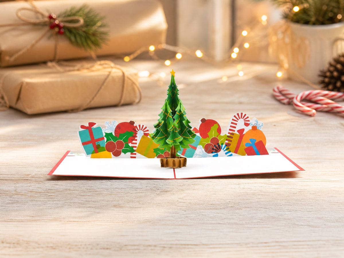 Christmas Tree with Gifts 3D pop-up card by PopJoy Cards - lifestyle scene