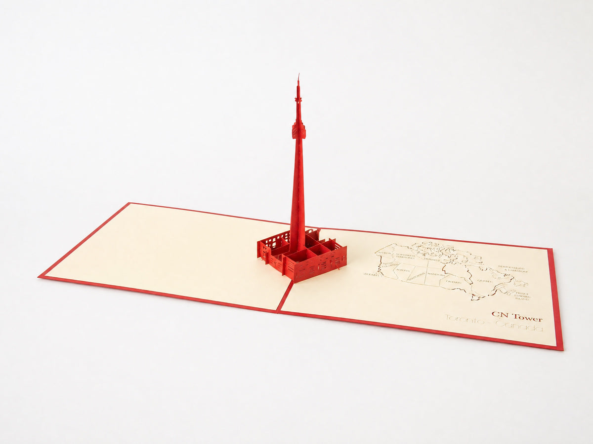 CN Tower 3D pop-up card by PopJoy Cards - open view, studio shot