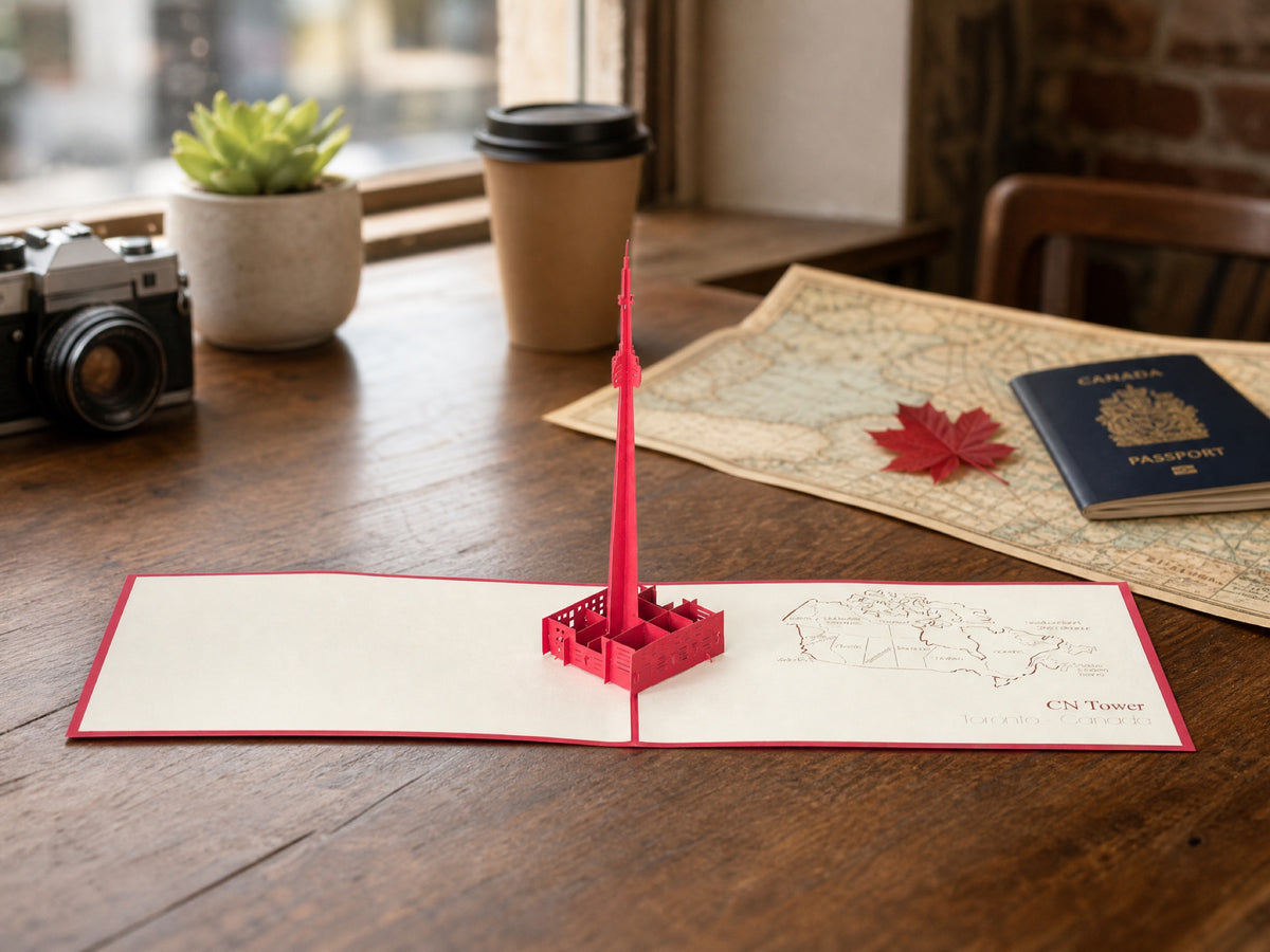 CN Tower 3D pop-up card by PopJoy Cards - lifestyle scene on a Toronto cafe table