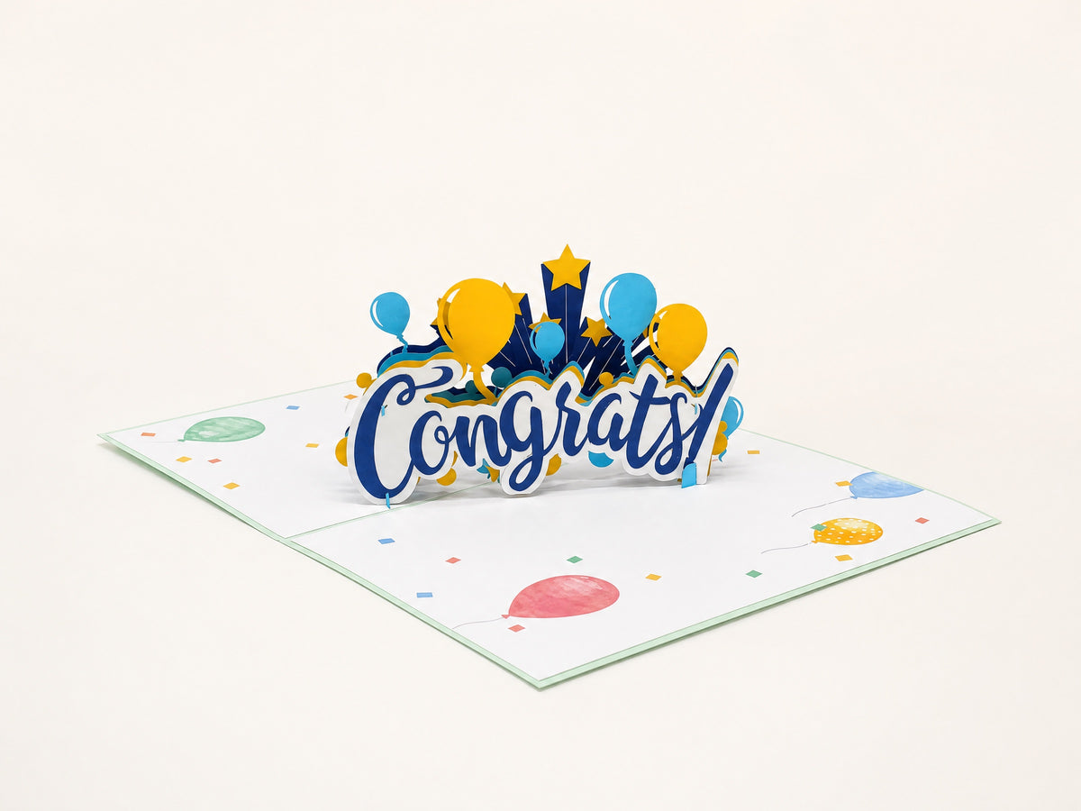 Congrats 3D pop-up card by PopJoy Cards - open view, studio shot