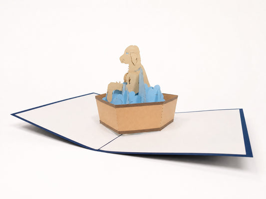 Dog Bath 3D pop-up card by PopJoy Cards - open view, studio shot