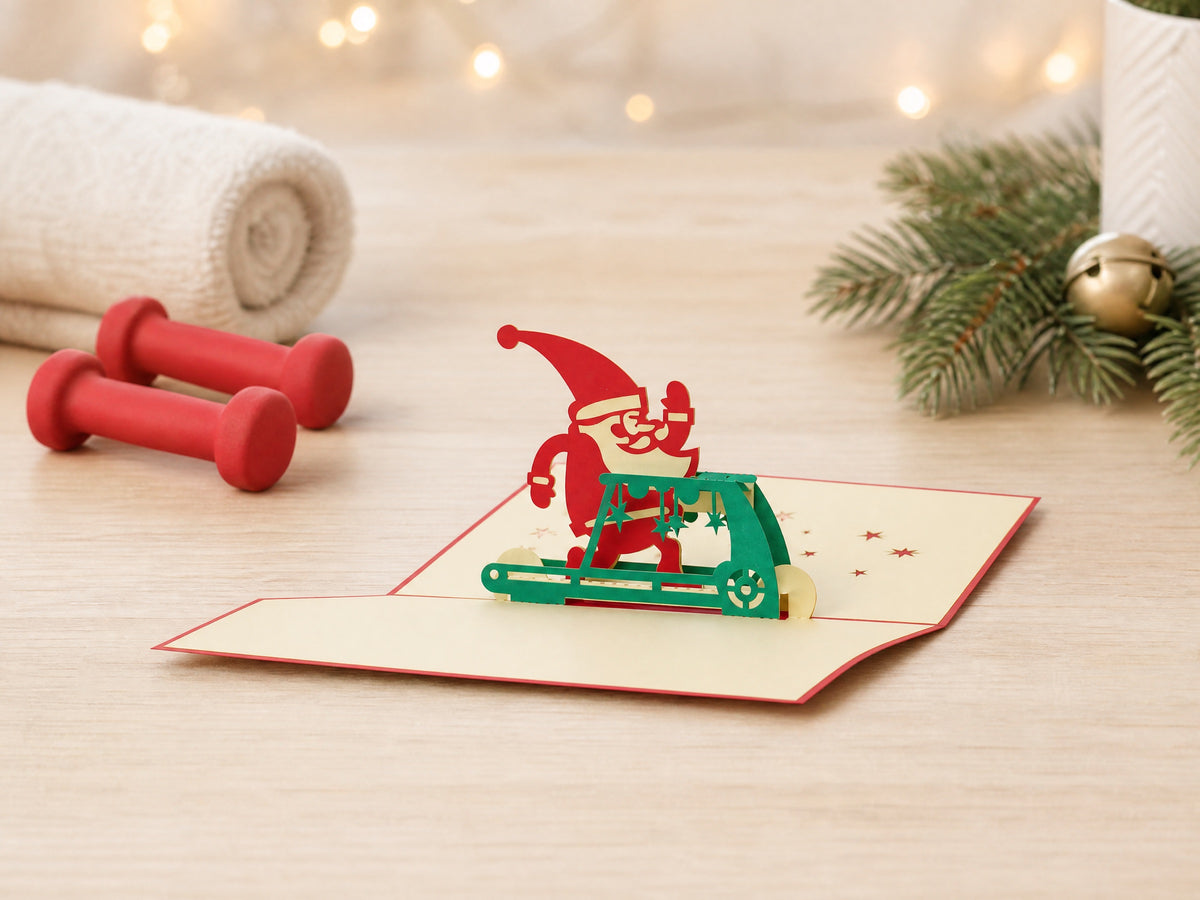 Exercising Santa 3D pop-up card by PopJoy Cards - lifestyle scene