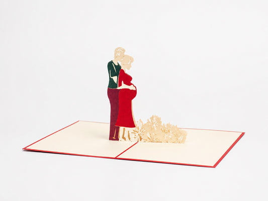 Expecting Couple Pregnancy 3D pop-up card by PopJoy Cards - open view, studio shot