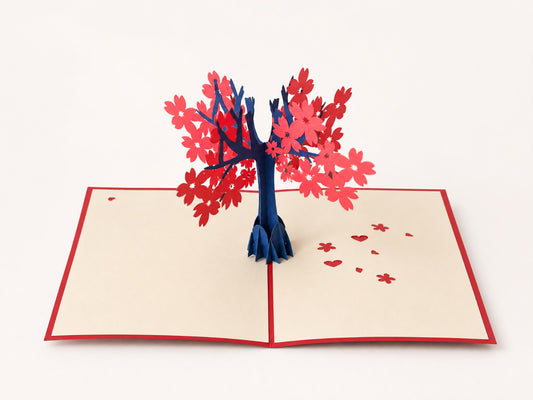 Fall Love Tree 3D pop-up card by PopJoy Cards - open view, studio shot
