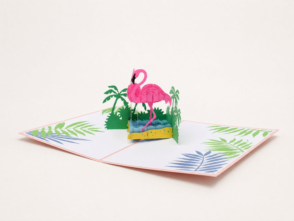 Flamingo 3D pop-up card by PopJoy Cards - open view, studio shot