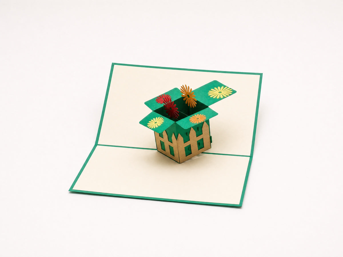 Garden Box 3D pop-up card by PopJoy Cards - open view, studio shot