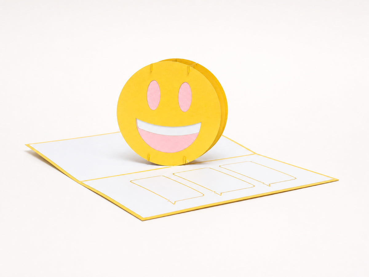 Happy Emoji 3D pop-up card by PopJoy Cards - open view, studio shot