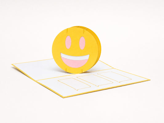 Happy Emoji 3D pop-up card by PopJoy Cards - open view, studio shot