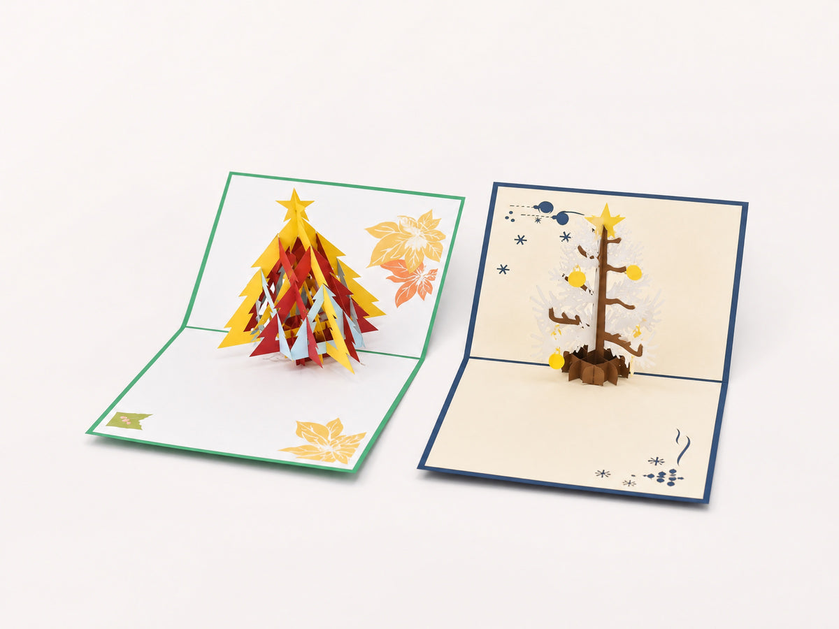 Holiday Pack of 2 Christmas Tree pop-up cards by PopJoy Cards - open view, studio shot