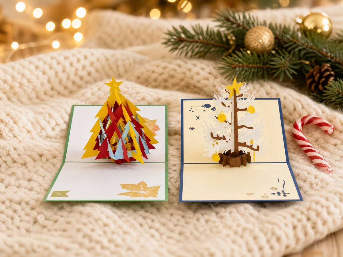 Holiday Pack of 2 Christmas Tree pop-up cards by PopJoy Cards - lifestyle scene