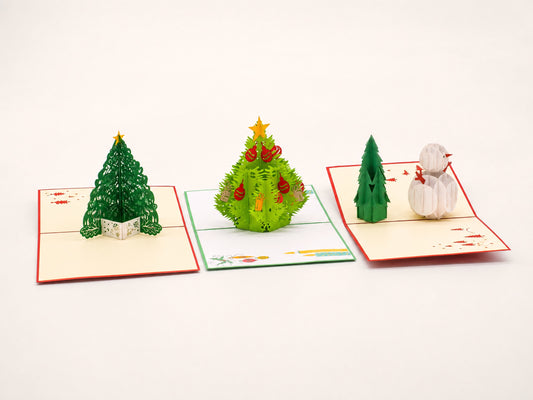 Holiday Pack of 3 Christmas Tree pop-up cards (Vol 1) by PopJoy Cards - open view, studio shot