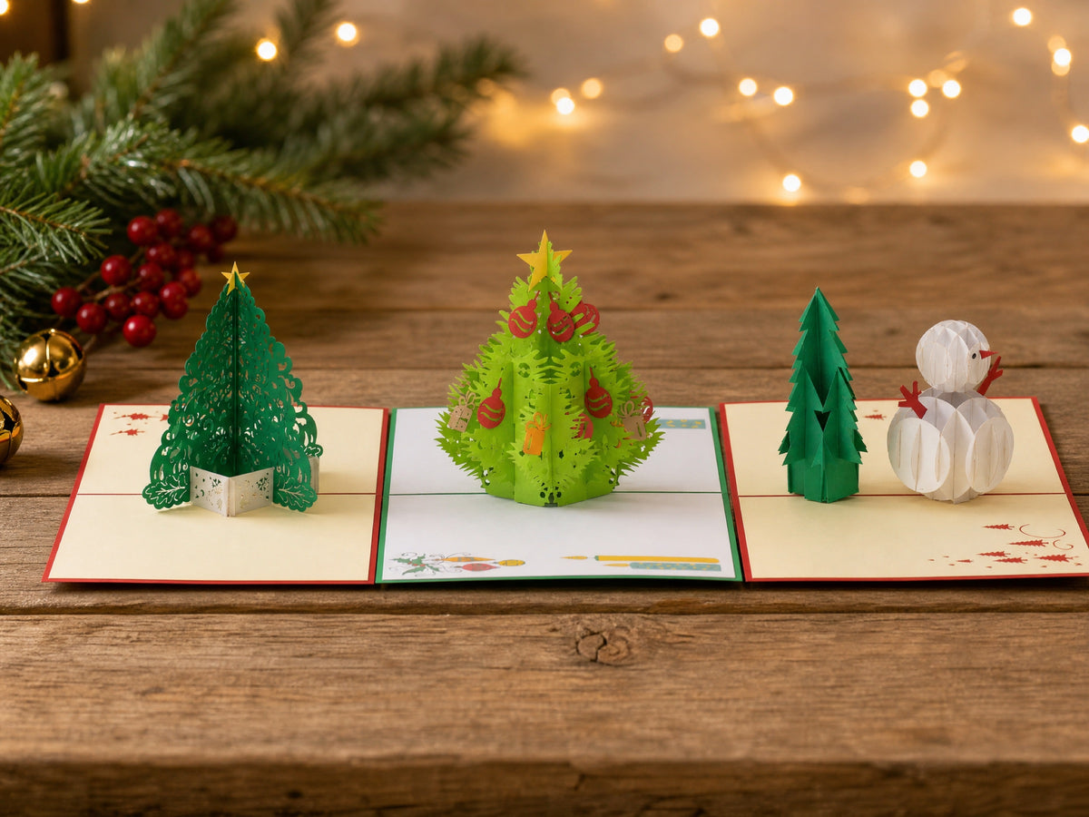 Holiday Pack of 3 Christmas Tree pop-up cards (Vol 1) by PopJoy Cards - lifestyle scene