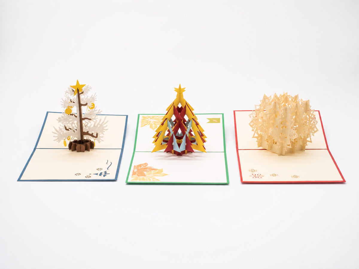Holiday Variety Pack of 3 pop-up cards by PopJoy Cards - open view, studio shot