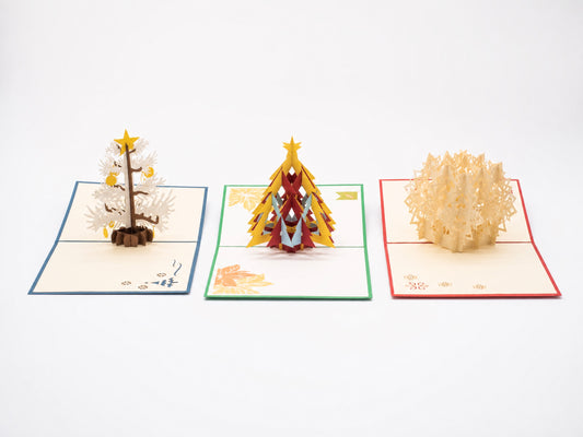 Holiday Variety Pack of 3 pop-up cards by PopJoy Cards - open view, studio shot