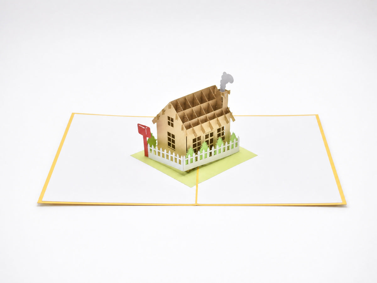House 3D pop-up card by PopJoy Cards - open view, studio shot