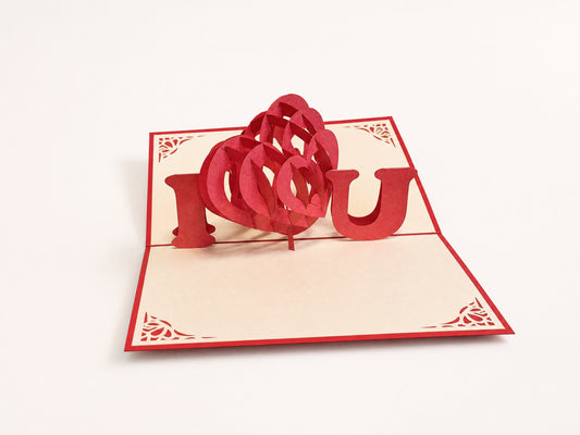 I Love You 3D pop-up card by PopJoy Cards - open view, studio shot