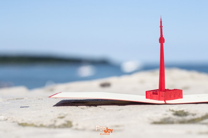 CN Tower 3D pop-up card by PopJoy Cards - open view with red CN Tower and map of Canada