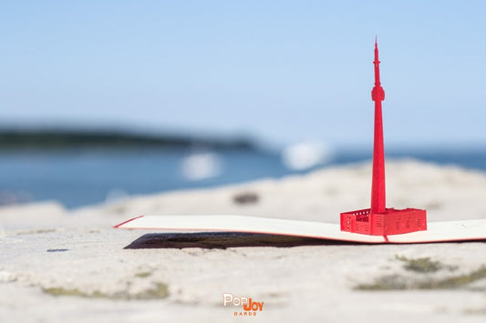 CN Tower 3D pop-up card by PopJoy Cards - open view with red CN Tower and map of Canada