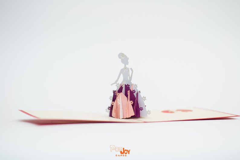 Princess 3D pop-up card by PopJoy Cards - open view with princess in pink and purple ballgown